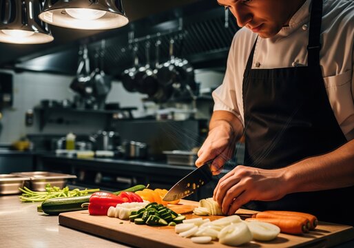 Chef Preparing Food Slicing Vegetables for Culinary Creation in the Kitchen