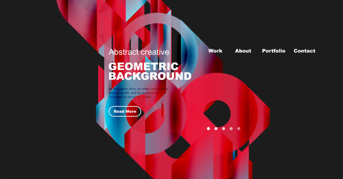 Abstract geometric background features vibrant red, blue hues. Website header includes navigation options, call to action button.