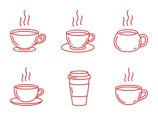 Fototapeta premium Collection of Red Line Art Coffee Cups and To-Go Cup Icons