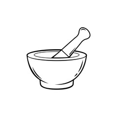 Mortar and Pestle Illustration Herbal Medicine Grinding Spices Pharmacy Equipment White Background Minimalist Art
