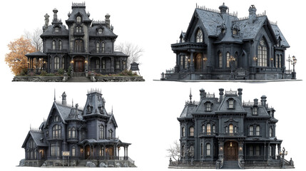 Four spooky gothic mansion illustrations evoke a sense of mystery and Halloween isolated on transparent background