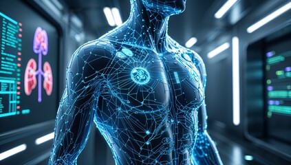A highly detailed and realistic digital human body composed of intricate glowing blue network lines and circuits, with vibrant holographic medical data including 3D models of organs