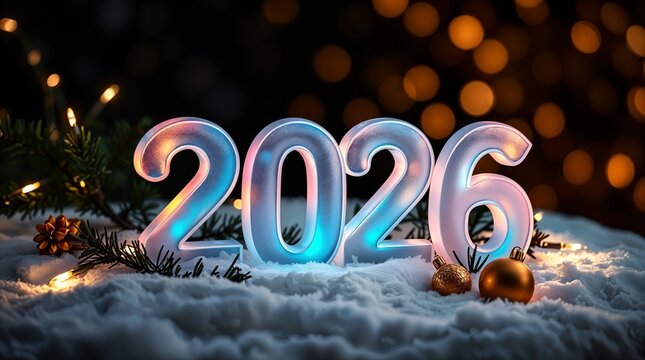 Frosted digits in snow surrounded by fir branches and lights celebrating the new year