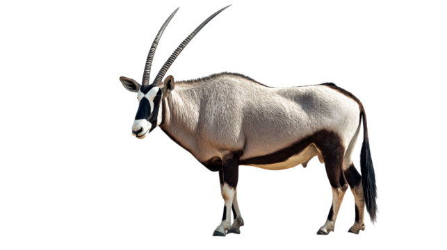 Oryx antelope with prominent striped horns stands against white background