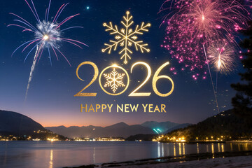Happy New Year 2026 celebration with golden snowflake numbers, colorful fireworks, snowy mountains, glowing reflections, and festive winter holiday atmosphere generative ai