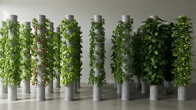 Indoor vertical garden with leafy greens, herbs, and tomatoes on a reflective floor