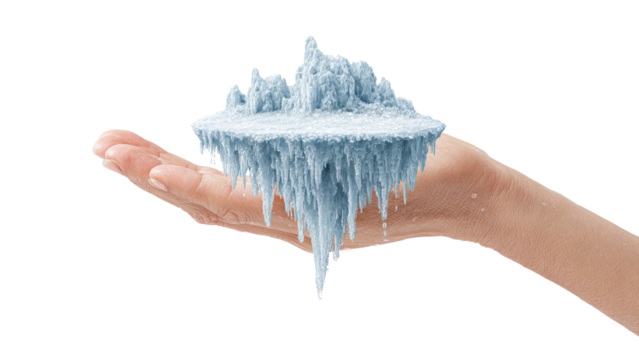 Ice cave island in hand on white backdrop. Winter wonderland concept.