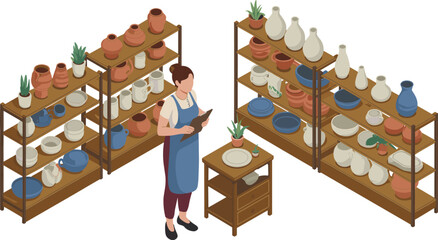 Isometric illustration of woman managing pottery shop inventory, handmade ceramic pots and vases, artisan crafts store interior with clay shelves