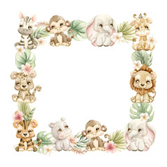 Cute Animals Plants Frame. Safari Jungle Tropical Exotic leaves Watercolor summer pastel neutral isolated illustration