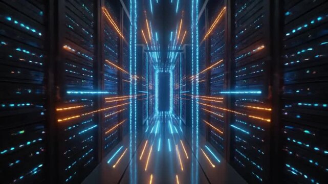 Digital data flow in futuristic server room with glowing network connections and fiber optic cables - Powered by Adobe