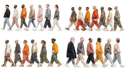Diverse group confidently walking forward in trendy streetwear style and sneakers isolated on transparent background