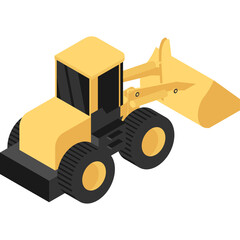 Yellow Construction Front Loader Vehicle with Black Tires and Bucket Lifted in Isometric View on Transparent Background