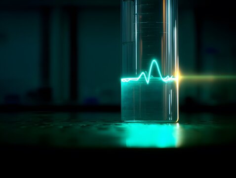 Close-up of Test Tube or Vial with Glowing Neon Green Heartbeat Pulse Line on a Dark Laboratory Table, spectroscopy, healthcare