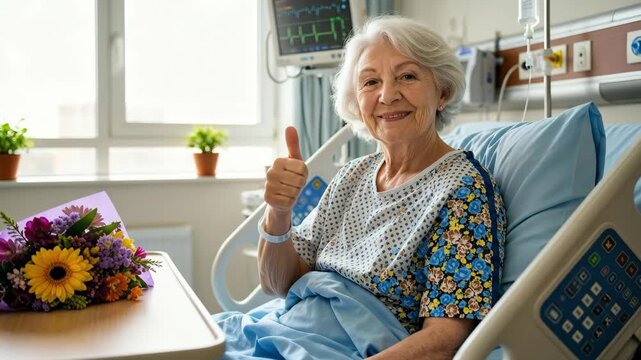 Happy senior woman patient smiling in a hospital bed and giving a thumbs up. Elderly female recovering after successful medical treatment in a clinic. Healthcare and positive recovery concept