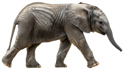 Baby elephant walking with textured skin against white background