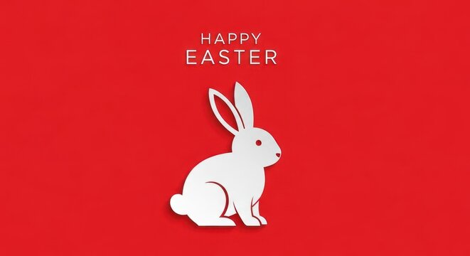 Simple Papercut Easter Bunny Illustration with Happy Easter Text on Red Background