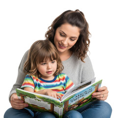 A woman and a young child are sitting together, reading a book with a colorful cover.