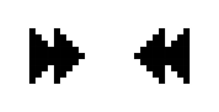 Pixel fast forward and rewind icons, retro 8bit media control symbols, Pixel art, Vector illustration.