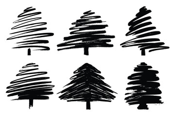 Paint Brush Strokes Christmas Trees Silhouettes Set. Creative brush stroke Christmas trees. Doodle ink painted fir trees for New Year and Christmas cards, posters, cover, wrapping paper 