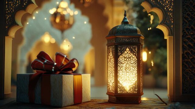 Eid gift box, symbolic of Eid celebrations in Islamic culture. Box with gold and white design, topped with a red ribbon.