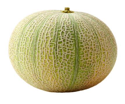 A close-up shot of a cantaloupe melon, showing its textured rind and shape.