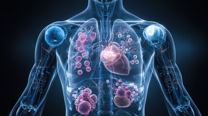 intermittent fasting diet autophagy Human anatomy illustration highlighting organs and systems in a transparent body.
