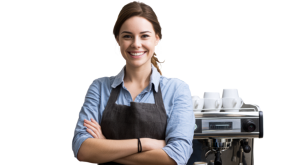 Smiling Woman Barista in Apron Next to Coffee Machine