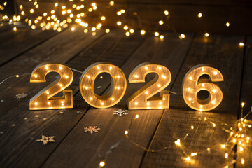 Illuminated marquee-style 2026 numbers glowing on wooden floor with string lights and snowflake decorations, creating festive New Year holiday atmosphere generative ai