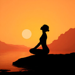 Silhouette of Yoga Pose in Morning Sunlight by the Sea