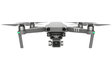 A close-up shot of a gray drone with its camera facing forward, ready for flight.
