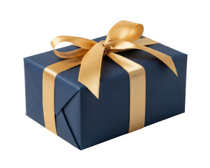 A beautifully wrapped gift box, featuring a navy blue paper and a golden ribbon bow.