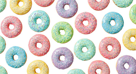 Colorful donuts with various pastel-colored frostings and sprinkles arranged on a white background.