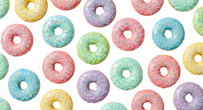 Colorful donuts with various pastel-colored frostings and sprinkles arranged on a white background.