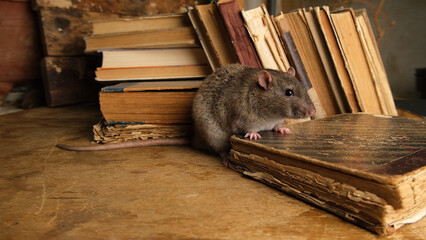 Brown  gray rat  sitting on old books.