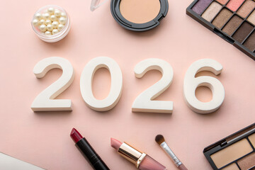 Beauty trends 2026 flat lay with makeup products on pink background, featuring lipsticks, brush, compact, eyeshadow palette, pearls, and bold white numbers generative ai