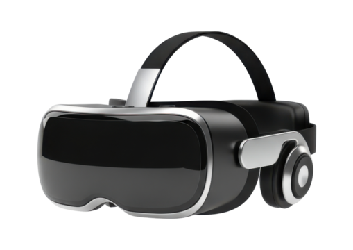 A close-up shot of a modern virtual reality headset, black and silver design.