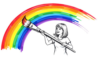 Young artist paints vibrant rainbow with brush, creating artful expression of happiness and creativity, perfect for educational projects or cheerful designs
