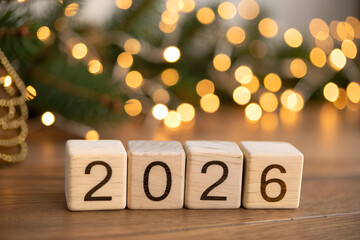 Wooden blocks forming 2026 on rustic surface with pine branches and glowing lights, symbolizing holiday cheer, New Year celebration, and upcoming milestones generative ai