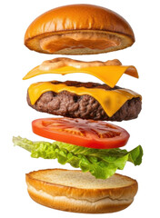 Deconstructed burger with layers of ingredients, including bun, cheese, patty, tomato, and lettuce.