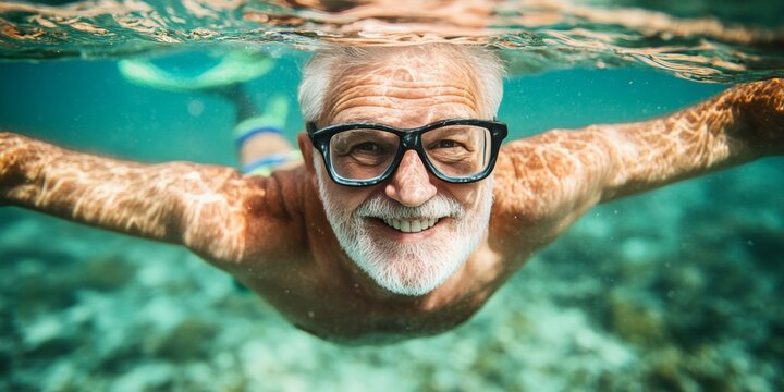 Active senior snorkeling in clear turquoise waters, exploring vibrant ocean life and coral reefs.