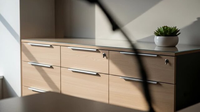 A wooden office cabinet with drawers, metal handles, glass top, keylocks, and a succulent