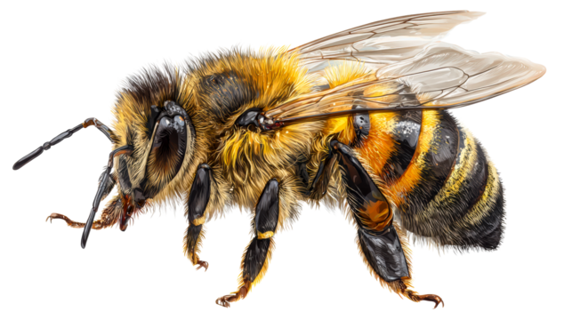 Detailed view of a fuzzy honey bee with striped abdomen and translucent wings