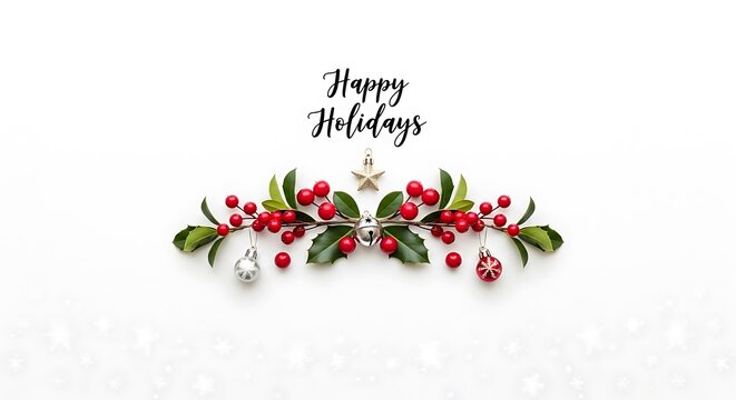 Elegant happy holidays greeting card featuring a symmetrical arrangement of red berries and green leaves with subtle sparkle accents