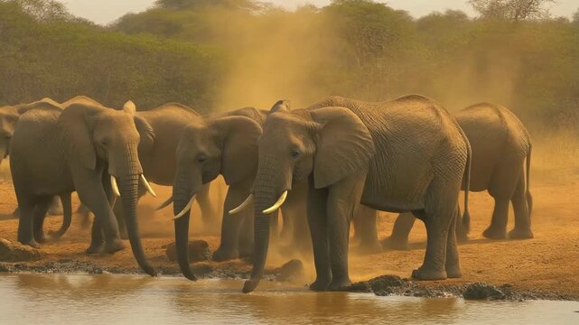 African Elephants Drinking Water, Wildlife Safari, Tanzania