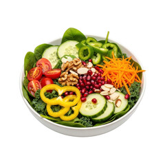 A vibrant and healthy salad bowl featuring a colorful assortment of fresh vegetables and nuts.