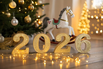 Festive indoor New Year 2026 celebration with golden numbers, Christmas tree, rocking horse, string lights, ornaments, and cozy holiday atmosphere of joy generative ai