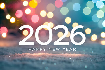 Happy New Year 2026 greeting with bold white text, colorful bokeh lights, snowy surface, and festive decorations creating joyful winter holiday atmosphere generative ai