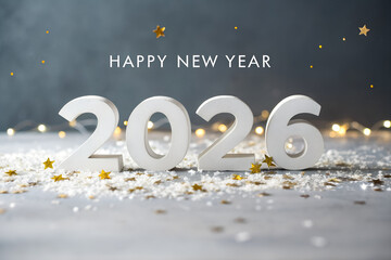 Happy New Year 2026 celebration with bold white numbers, confetti, golden stars, bokeh lights, and festive decorations creating joyful holiday atmosphere generative ai