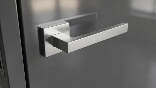 Close-up of modern door with a square stainless steel handle and lock plate