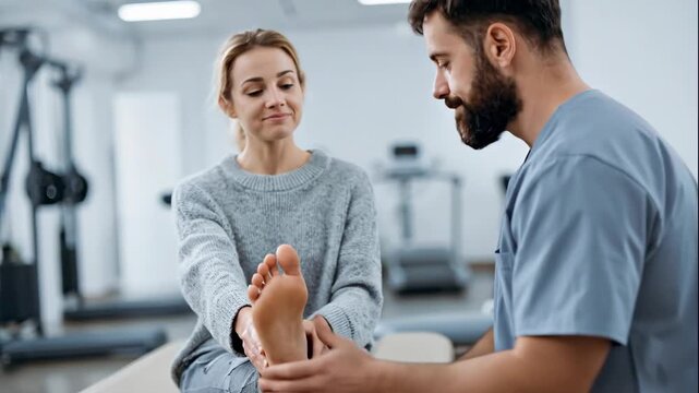 Male physiotherapist examining a female patient's foot. Doctor explaining the source of pain and injury during a medical consultation in rehabilitation clinic. Healthcare and physical therapy concept